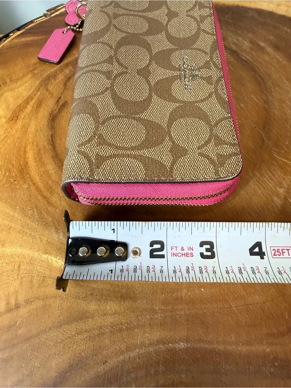 Coach Khaki & Pink Signature Double Zip Phone Wallet Wristlet